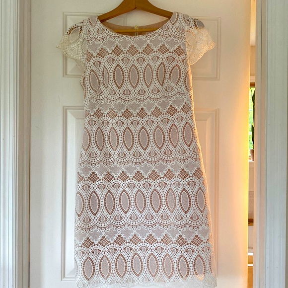 Eliza J Dresses & Skirts - Beautiful Eliza J white lace with nude underlay dress only worn twice.